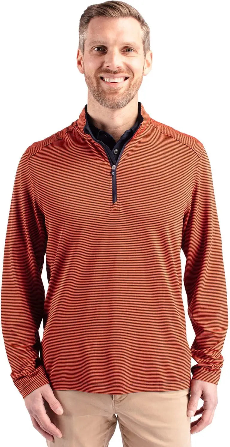 Cutter & Buck Mck01258 Virtue Eco Pique Micro Stripe Recycled Mens Quarter Zip - College Orange Navy Blue - Orange/navy