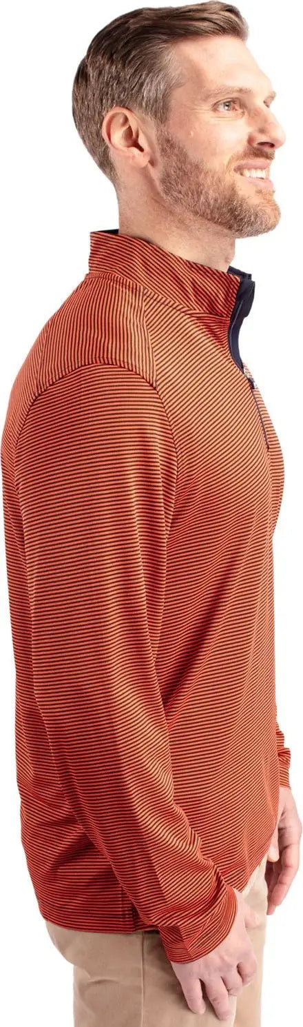Cutter & Buck Mck01258 Virtue Eco Pique Micro Stripe Recycled Mens Quarter Zip - College Orange Navy Blue