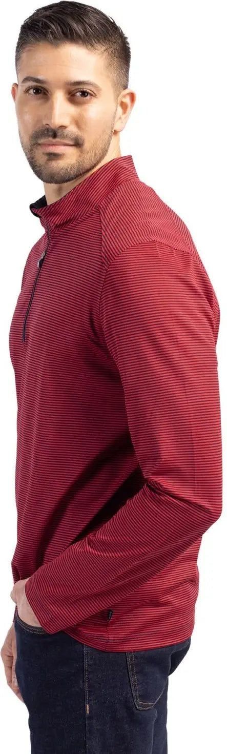 Cutter & Buck Mck01258 Virtue Eco Pique Micro Stripe Recycled Mens Quarter Zip - Red Navy Blue