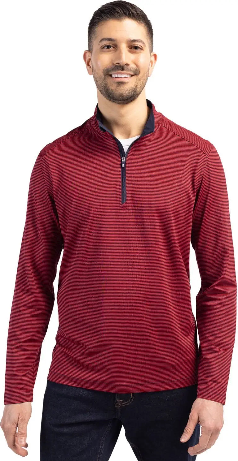 Cutter & Buck Mck01258 Virtue Eco Pique Micro Stripe Recycled Mens Quarter Zip - Red Navy Blue - Red/navy / Adult s