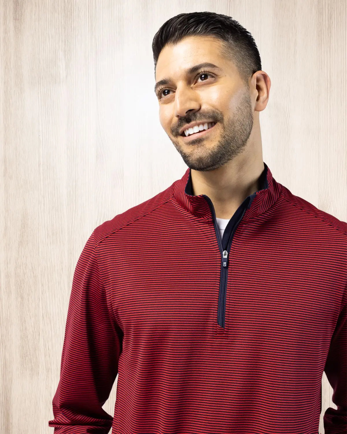 Cutter & Buck Mck01258 Virtue Eco Pique Micro Stripe Recycled Mens Quarter Zip - Red Navy Blue