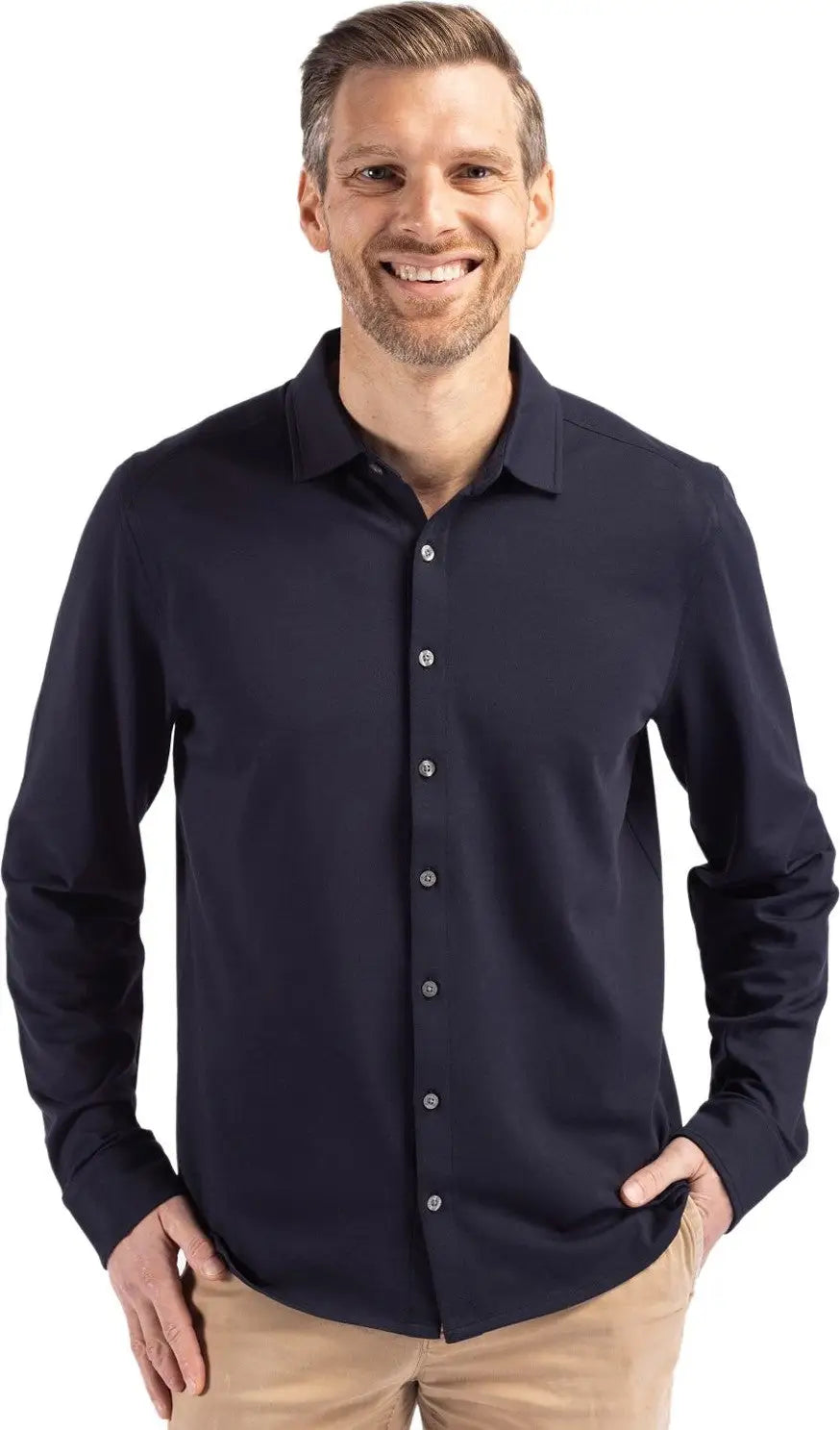 Cutter & Buck Mck01332 Advantage Tri-blend Eco Soft Pique Long Sleeve Knitted Mens Button Up - Liberty Navy - Adult s