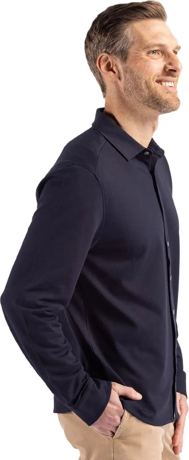 Cutter & Buck Mck01332 Advantage Tri-blend Eco Soft Pique Long Sleeve Knitted Mens Button Up - Liberty Navy