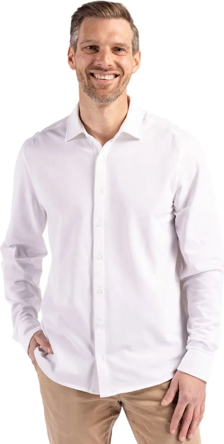 Cutter & Buck Mck01332 Advantage Tri-blend Eco Soft Pique Long Sleeve Knitted Mens Button Up - White - Adult s