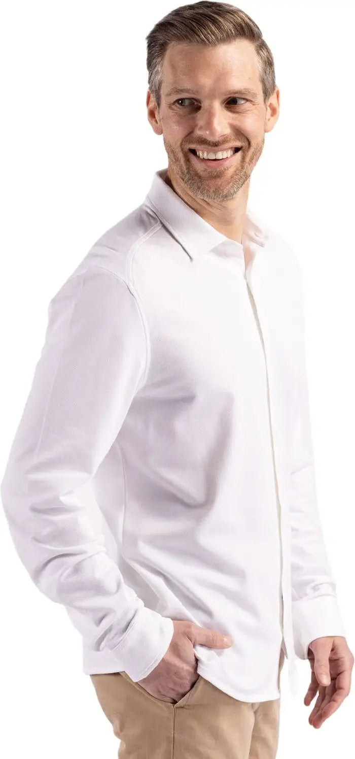 Cutter & Buck Mck01332 Advantage Tri-blend Eco Soft Pique Long Sleeve Knitted Mens Button Up - White