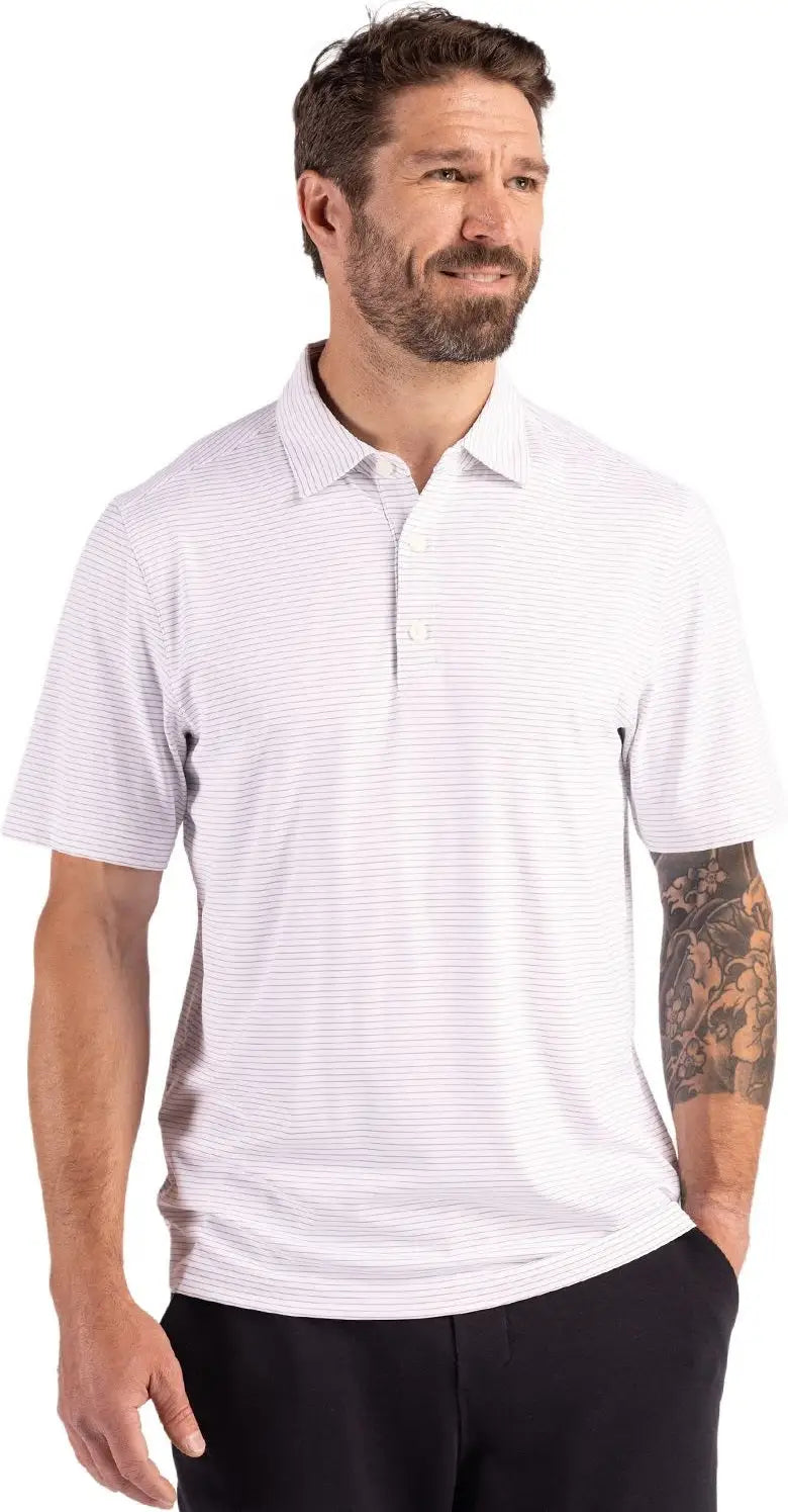 Cutter & Buck Mck01346 Forge Epic Confidence Fine Line Stripe Stretch Recycled Mens Polo - White Polished