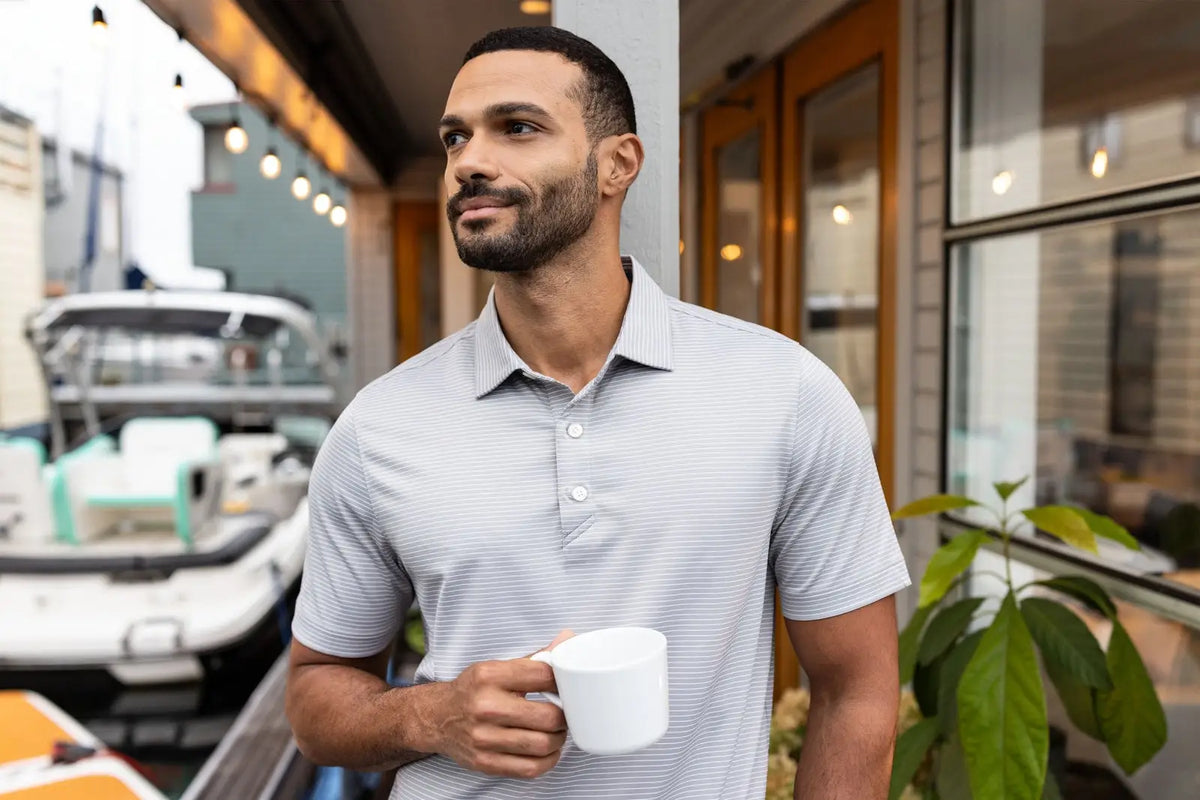 Cutter & Buck Mck01346 Forge Epic Confidence Fine Line Stripe Stretch Recycled Mens Polo - Polished White