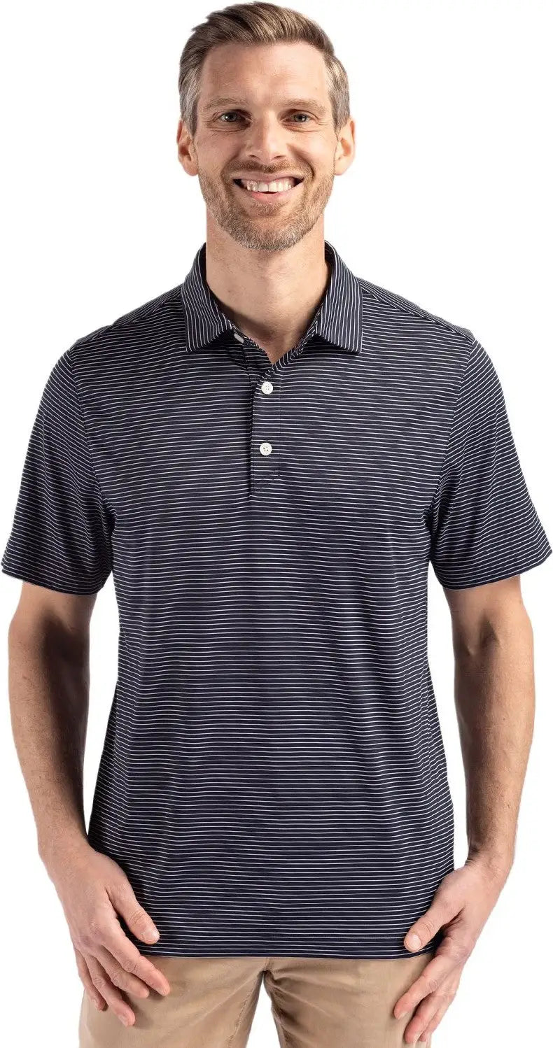 Cutter & Buck Mck01346 Forge Epic Confidence Fine Line Stripe Stretch Recycled Mens Polo - Navy Blue White - Blue/white
