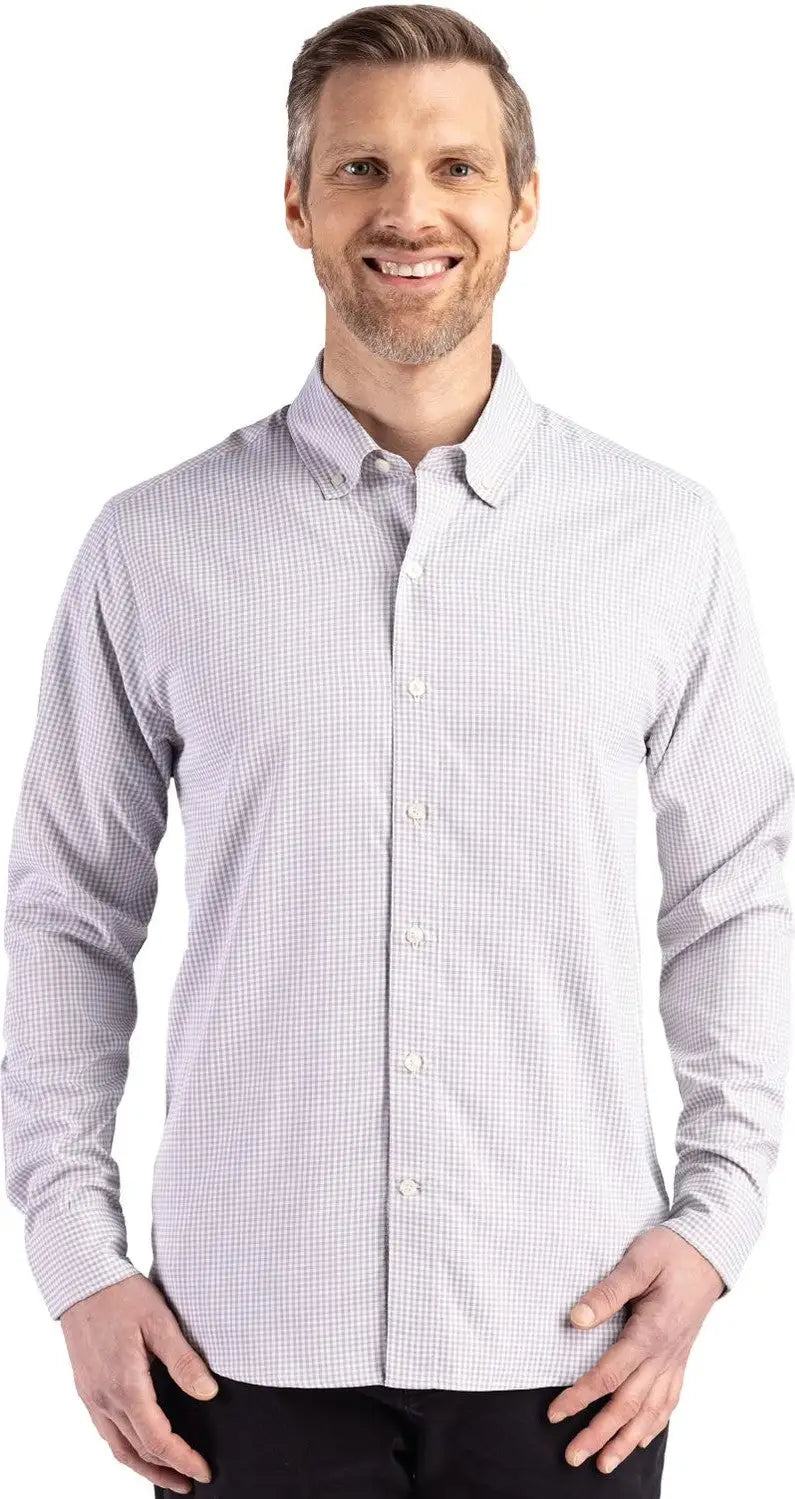Cutter & Buck Mcw00236 Skyline Epic Confidence Recycled Gingham Mens Long Sleeve Dress Shirt - Concrete White