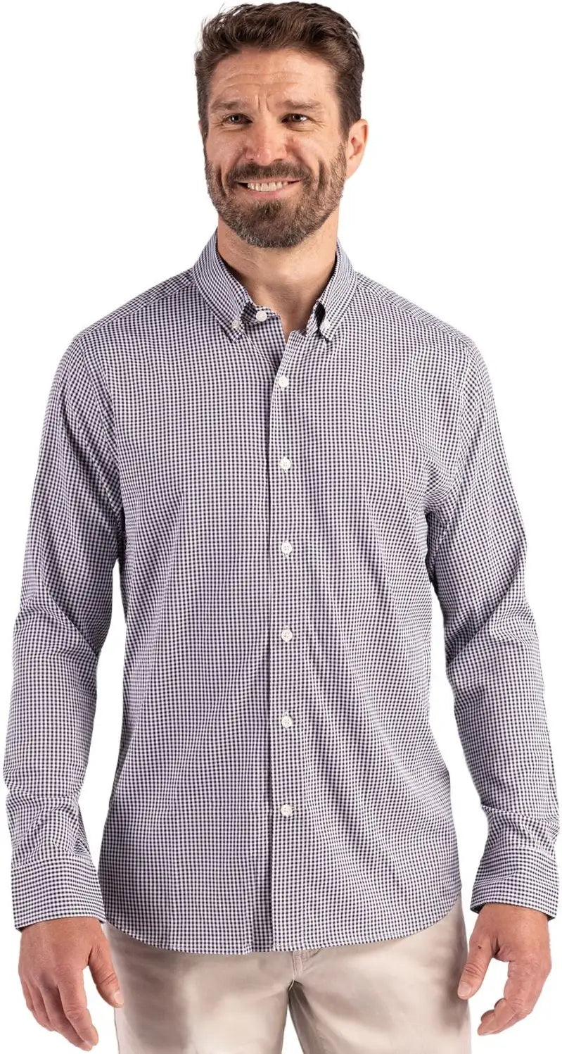 Cutter & Buck Mcw00236 Skyline Epic Confidence Recycled Gingham Mens Long Sleeve Dress Shirt - Black White