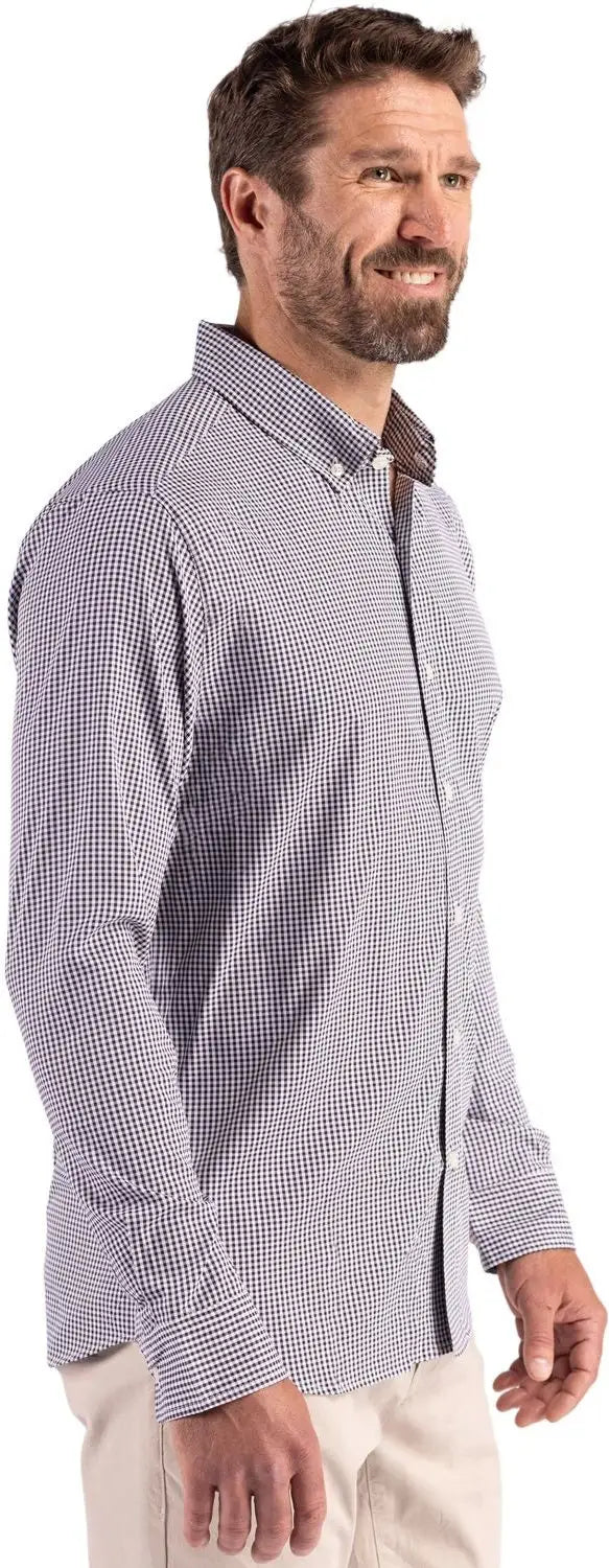 Cutter & Buck Mcw00236 Skyline Epic Confidence Recycled Gingham Mens Long Sleeve Dress Shirt - Black White