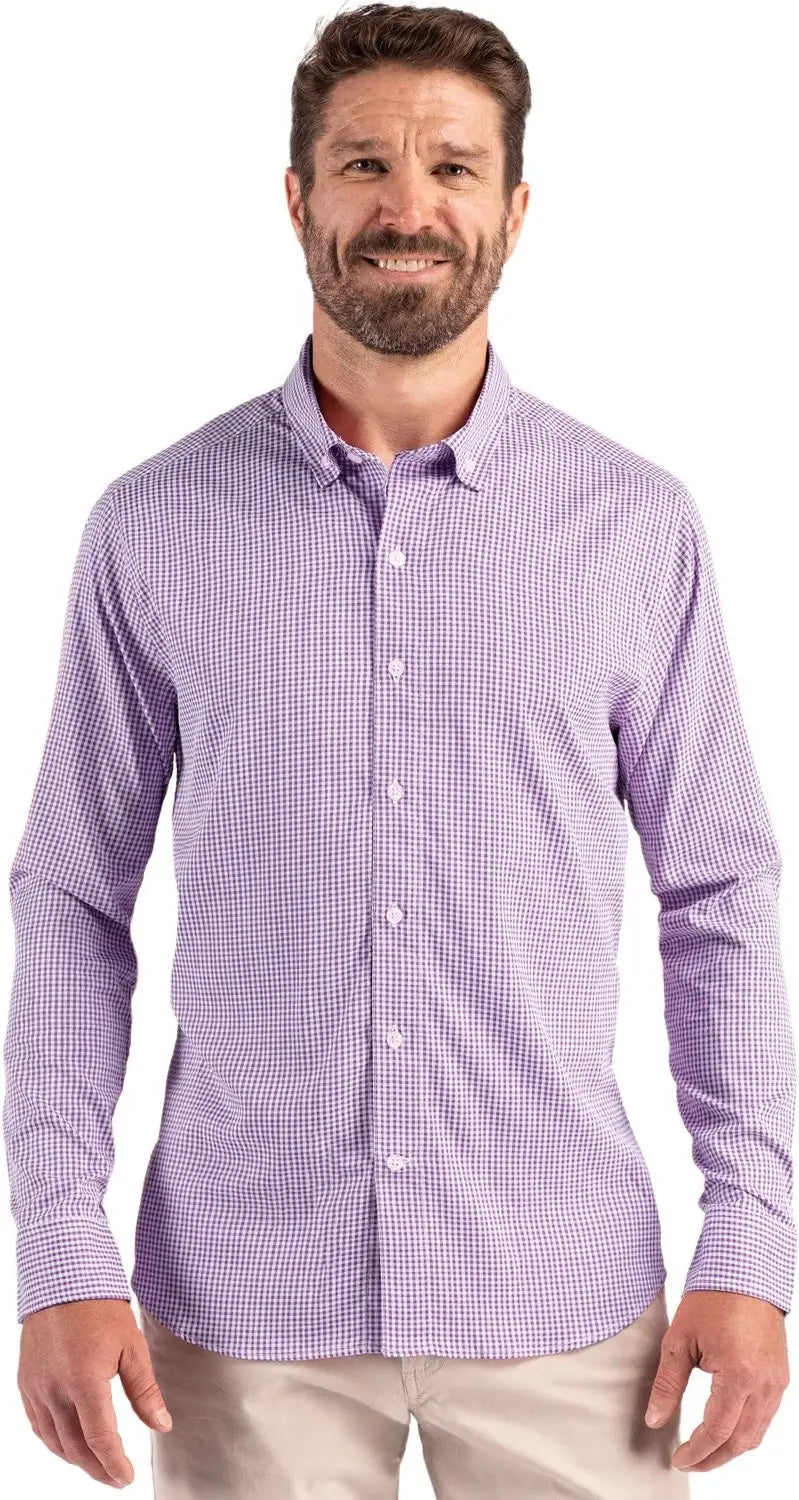 Cutter & Buck Mcw00236 Skyline Epic Confidence Recycled Gingham Mens Long Sleeve Dress Shirt - College Purple White