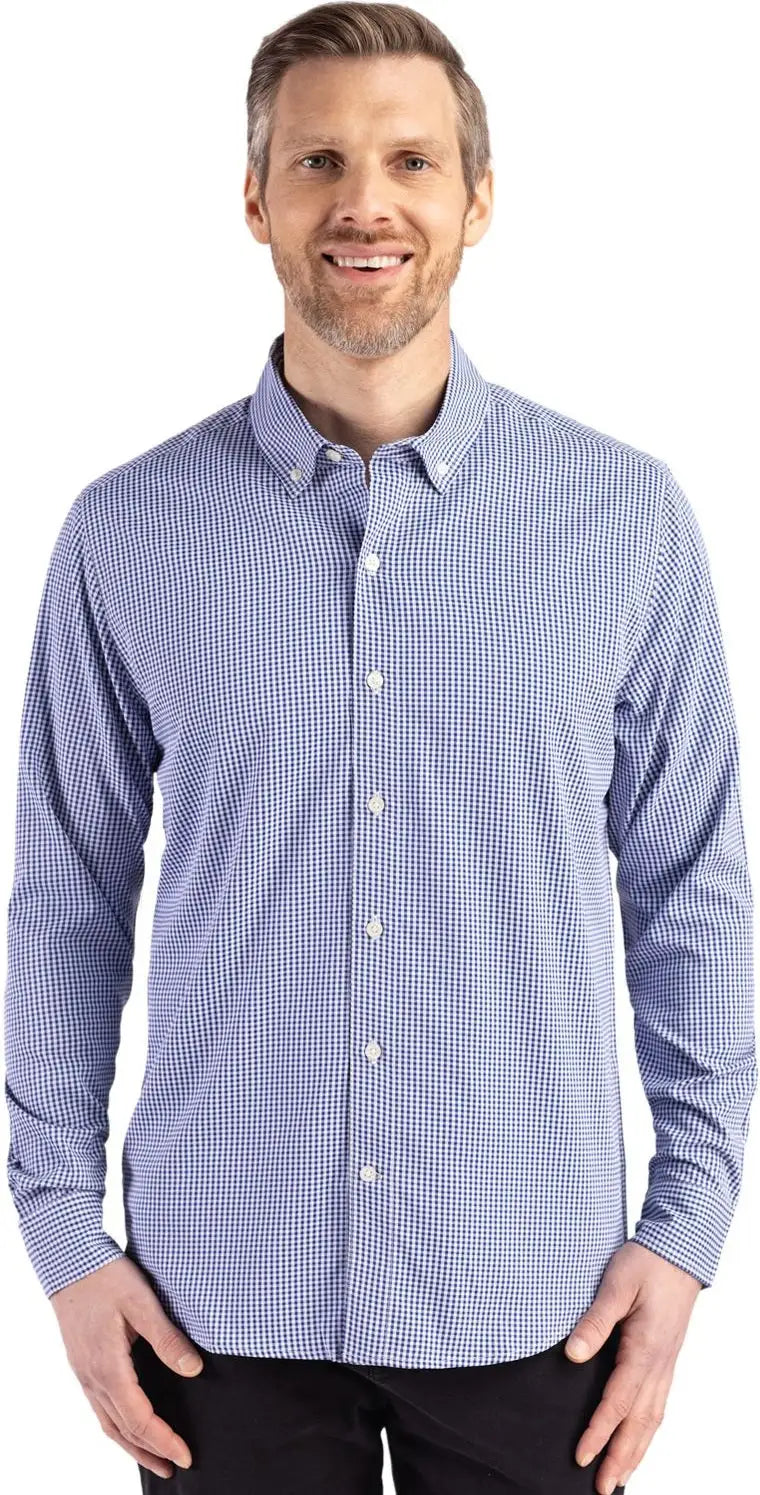 Cutter & Buck Mcw00236 Skyline Epic Confidence Recycled Gingham Mens Long Sleeve Dress Shirt - Tour Blue White