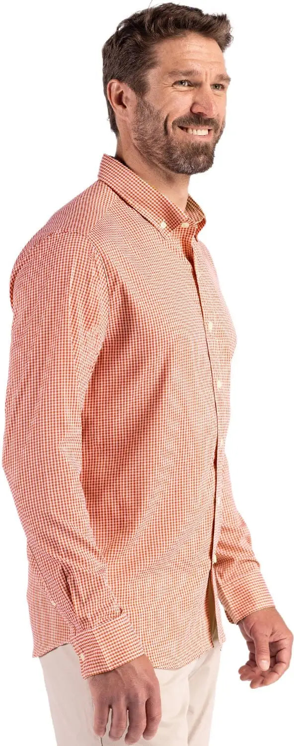 Cutter & Buck Mcw00236 Skyline Epic Confidence Recycled Gingham Mens Long Sleeve Dress Shirt - Texas Orange White