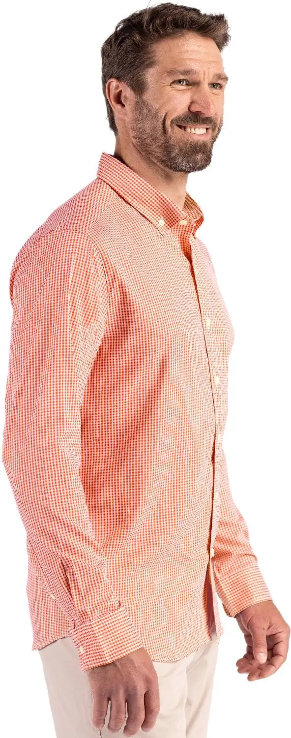 Cutter & Buck Mcw00236 Skyline Epic Confidence Recycled Gingham Mens Long Sleeve Dress Shirt - College Orange White