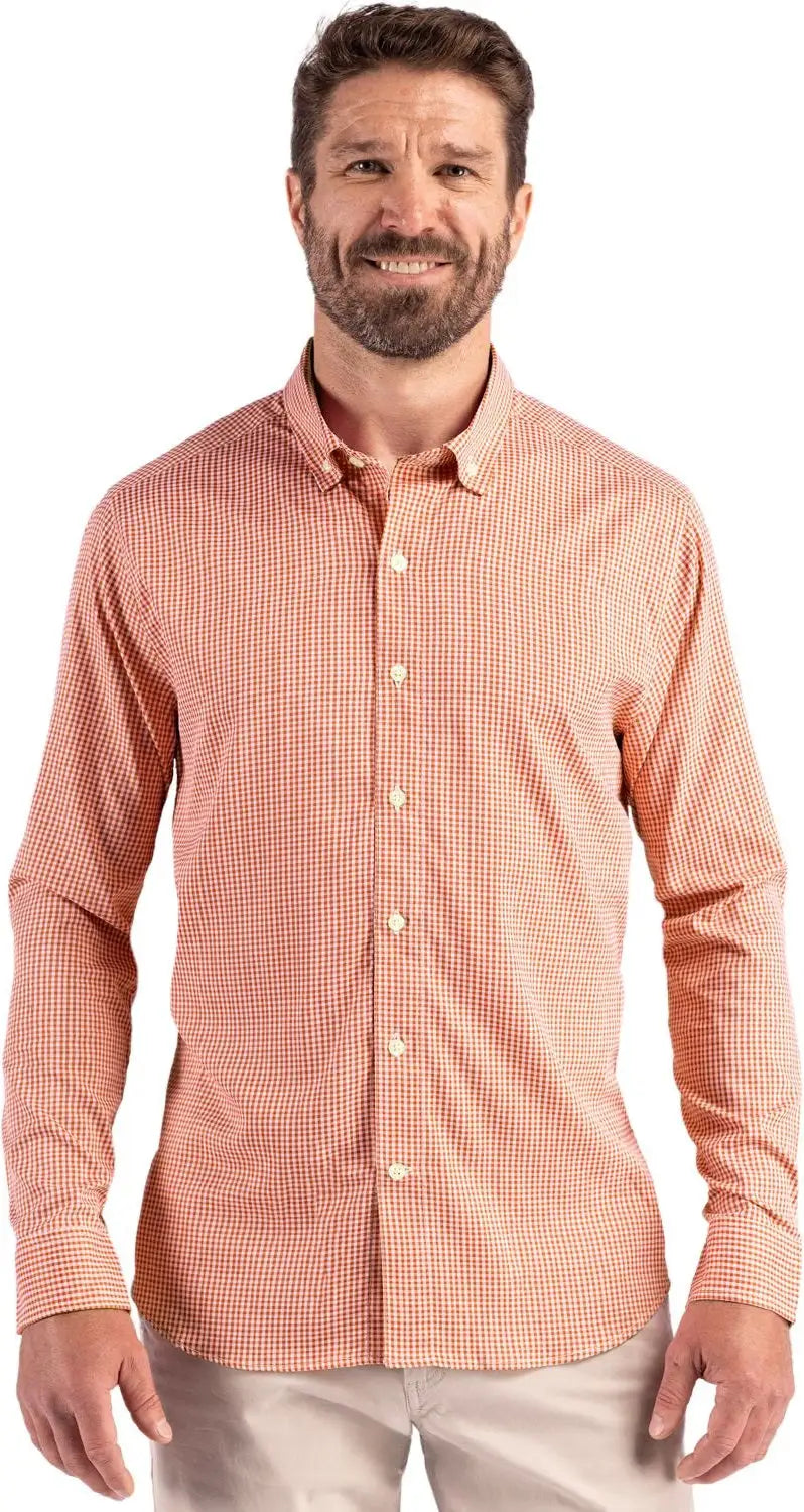 Cutter & Buck Mcw00236 Skyline Epic Confidence Recycled Gingham Mens Long Sleeve Dress Shirt - Texas Orange White