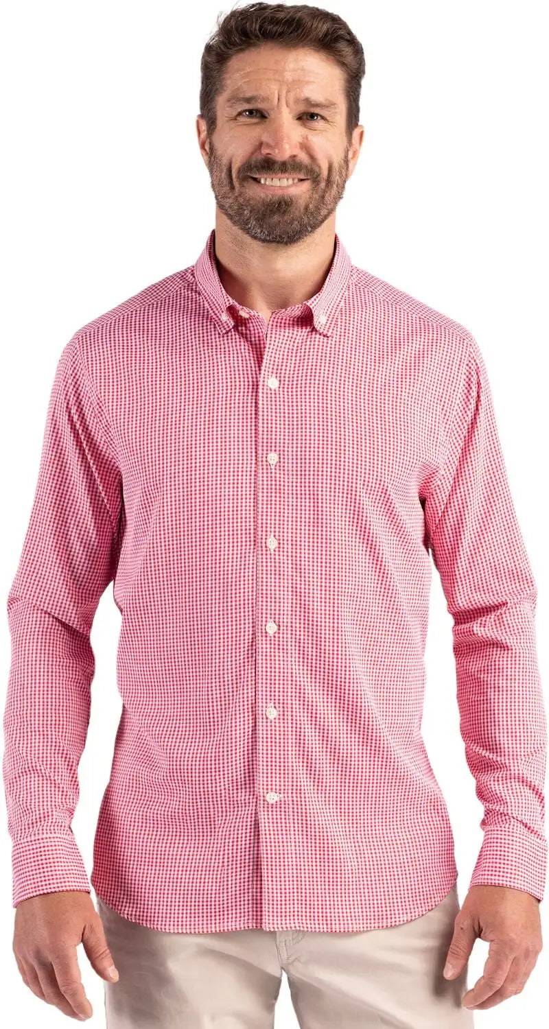 Cutter & Buck Mcw00236 Skyline Epic Confidence Recycled Gingham Mens Long Sleeve Dress Shirt - Red White - Red/white