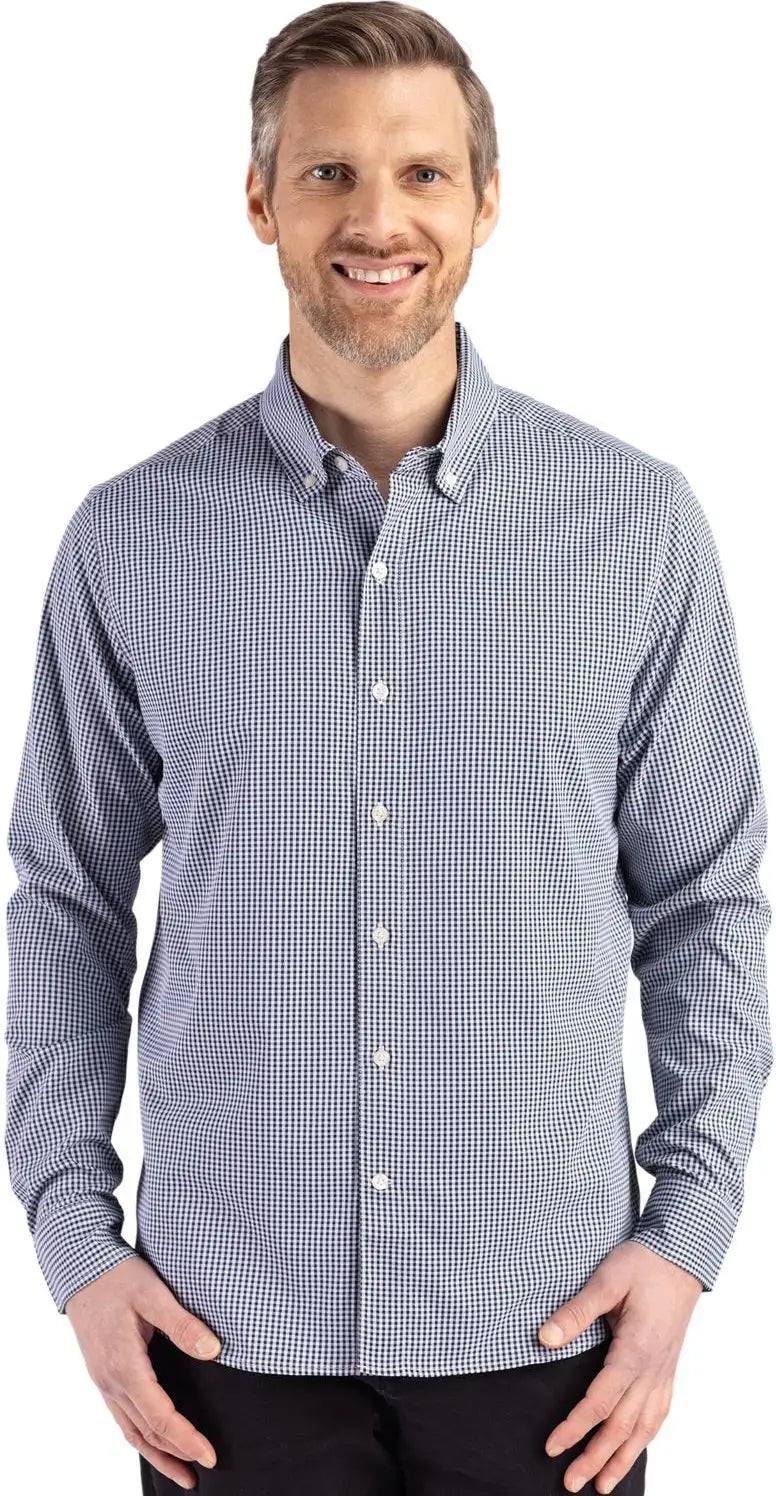 Cutter & Buck Mcw00236 Skyline Epic Confidence Recycled Gingham Mens Long Sleeve Dress Shirt - Navy Blue White
