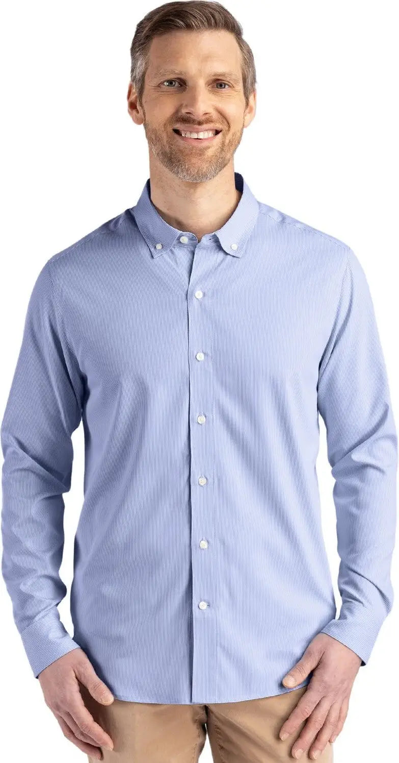 Cutter & Buck Mcw00237 Skyline Epic Confidence Recycled Pinstripe Mens Long Sleeve Dress Shirt - Tour Blue White