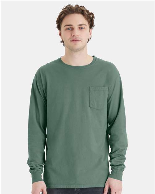 Front View of Cypress Green Garment-Dyed Long Sleeve T-Shirt With a Pocket - GDH250