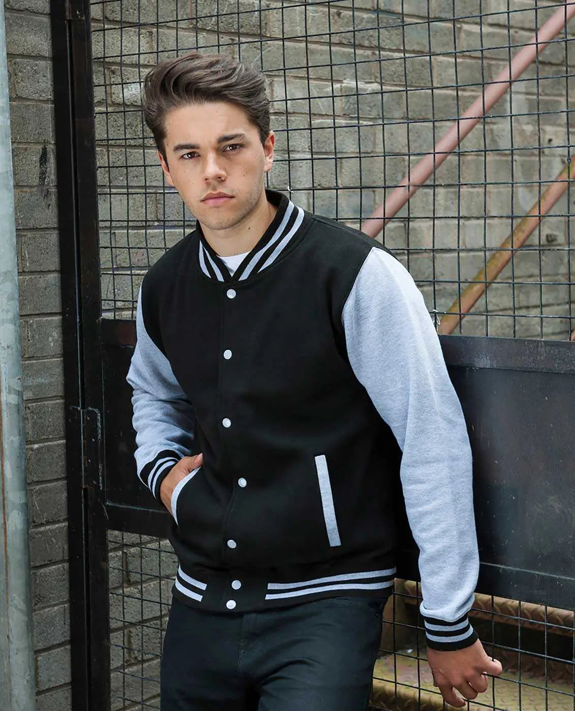 Just Hoods Jha043 Letterman Jacket - Jet Black Heather Gray