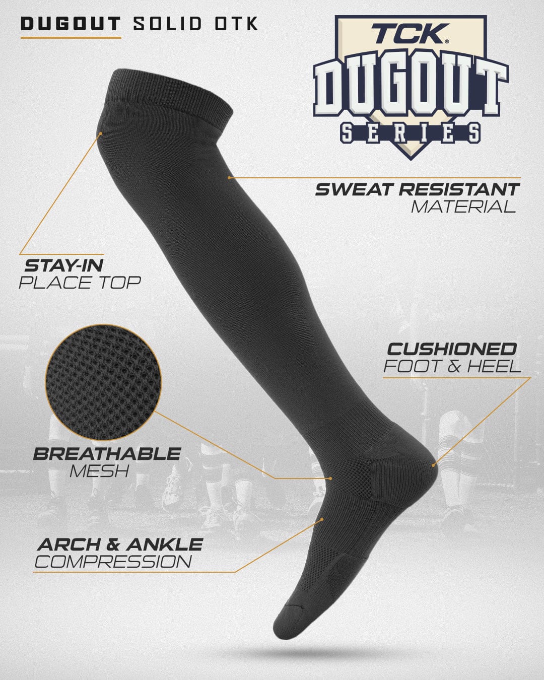 TCK Dugout Solid Color Over the Knee Sports Socks - Graphite - HIT a Double - 1
