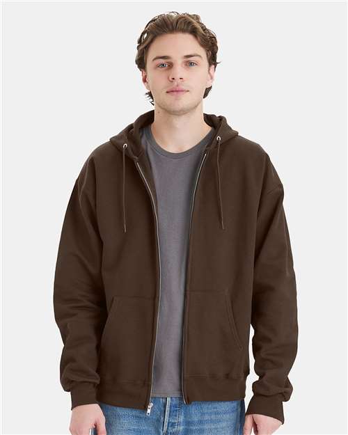 Front View of Dark Chocolate Ultimate Cotton® Full-Zip Hooded Sweatshirt - F280
