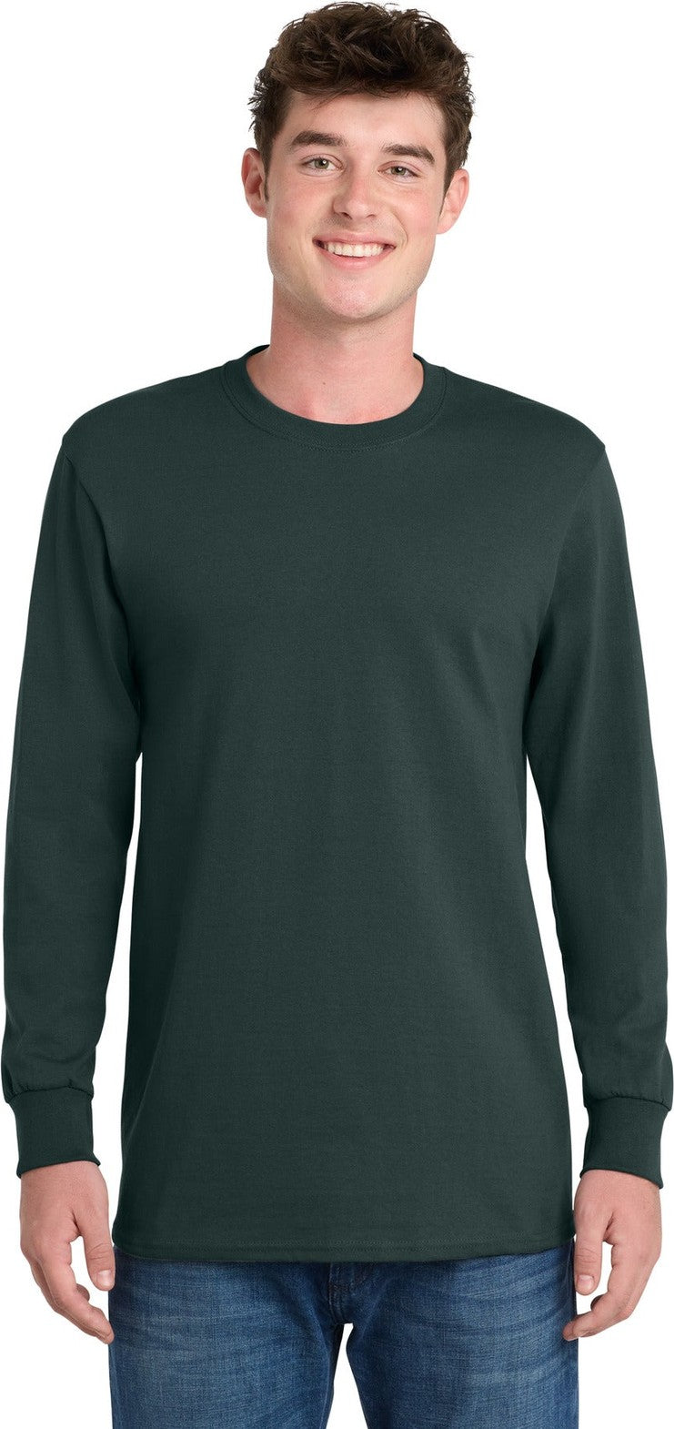 Dark Green Port & Co Tall Long Sleeve Essential Tee. PC61LST