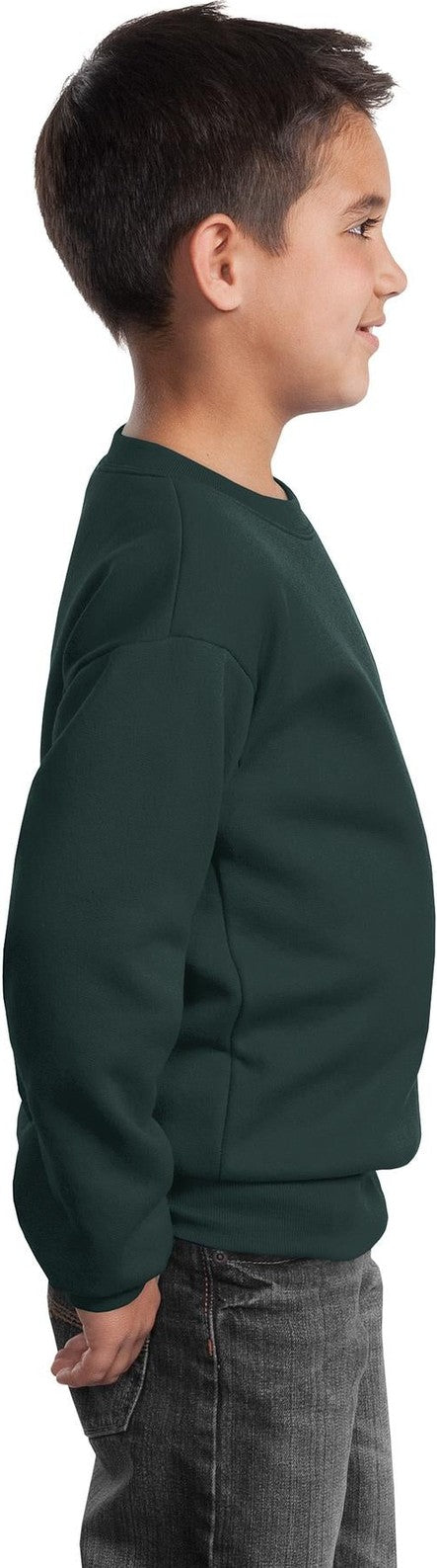 Dark Green Port & Co Youth Core Fleece Crewneck Sweatshirt. PC90Y