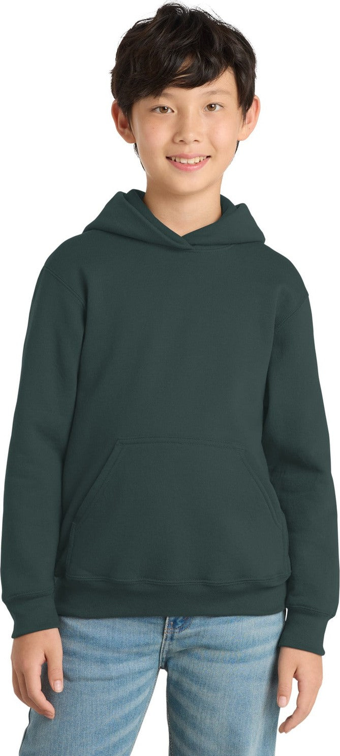 Dark Green Port & Co Youth Core Fleece Pullover Hooded Sweatshirt. PC90YH