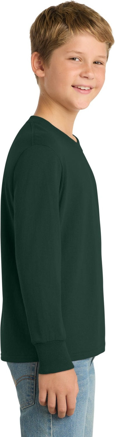 Dark Green Port & Co Youth Long Sleeve Core Cotton Tee. PC54YLS