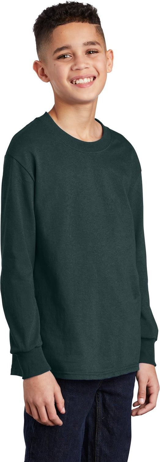 Dark Green Port & Co Youth Long Sleeve Core Cotton Tee. PC54YLS