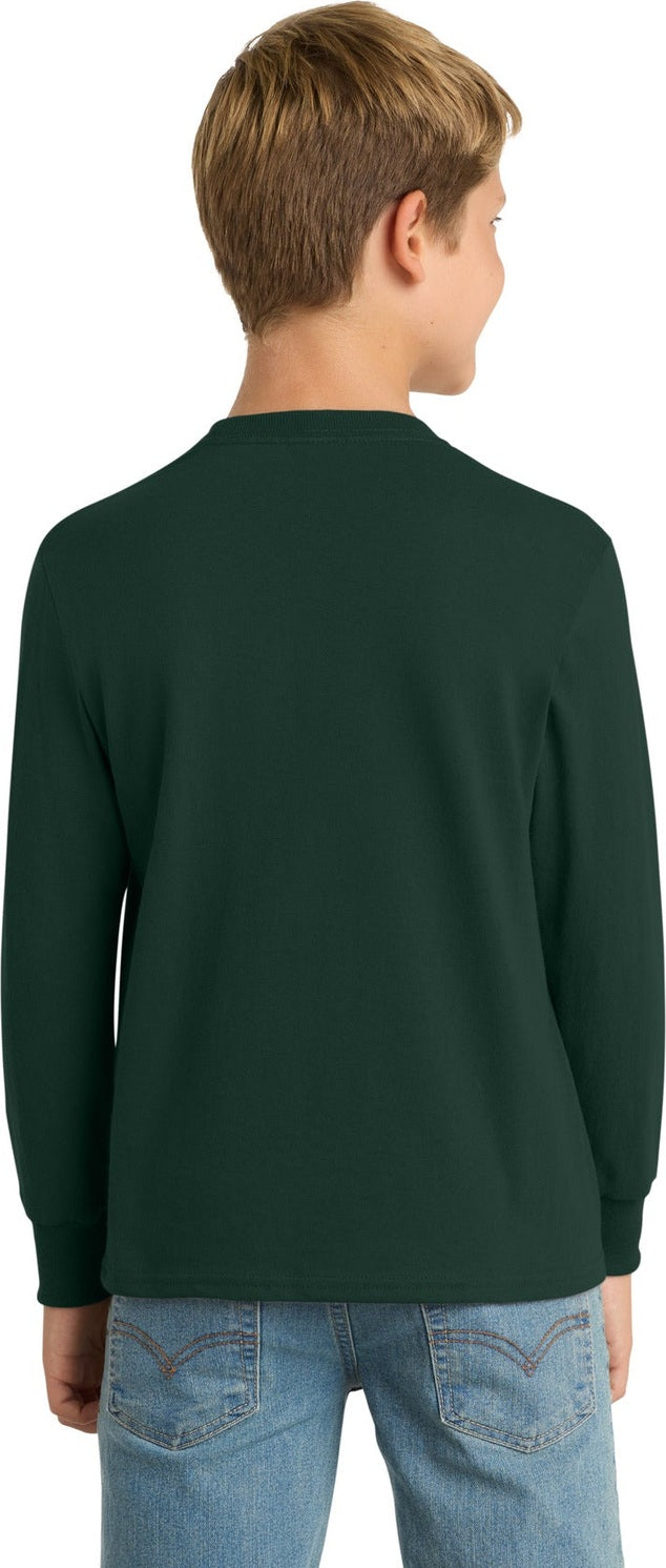 Dark Green Port & Co Youth Long Sleeve Core Cotton Tee. PC54YLS