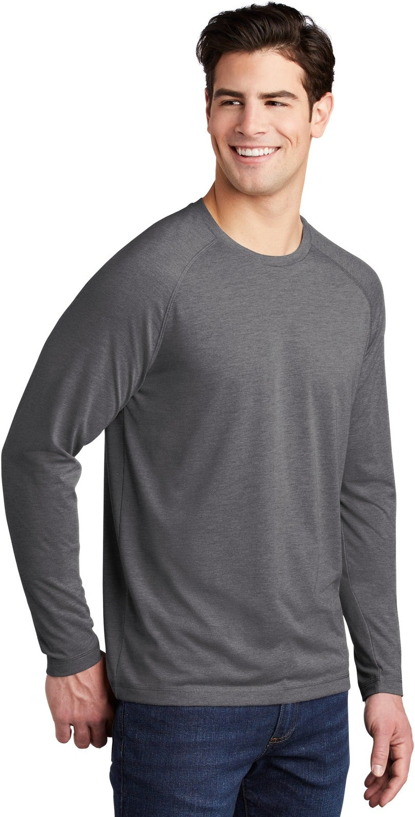 Dark Grey Hthr Sport-Tek PosiCharge Long Sleeve Tri-Blend Wicking Raglan Tee ST400LS