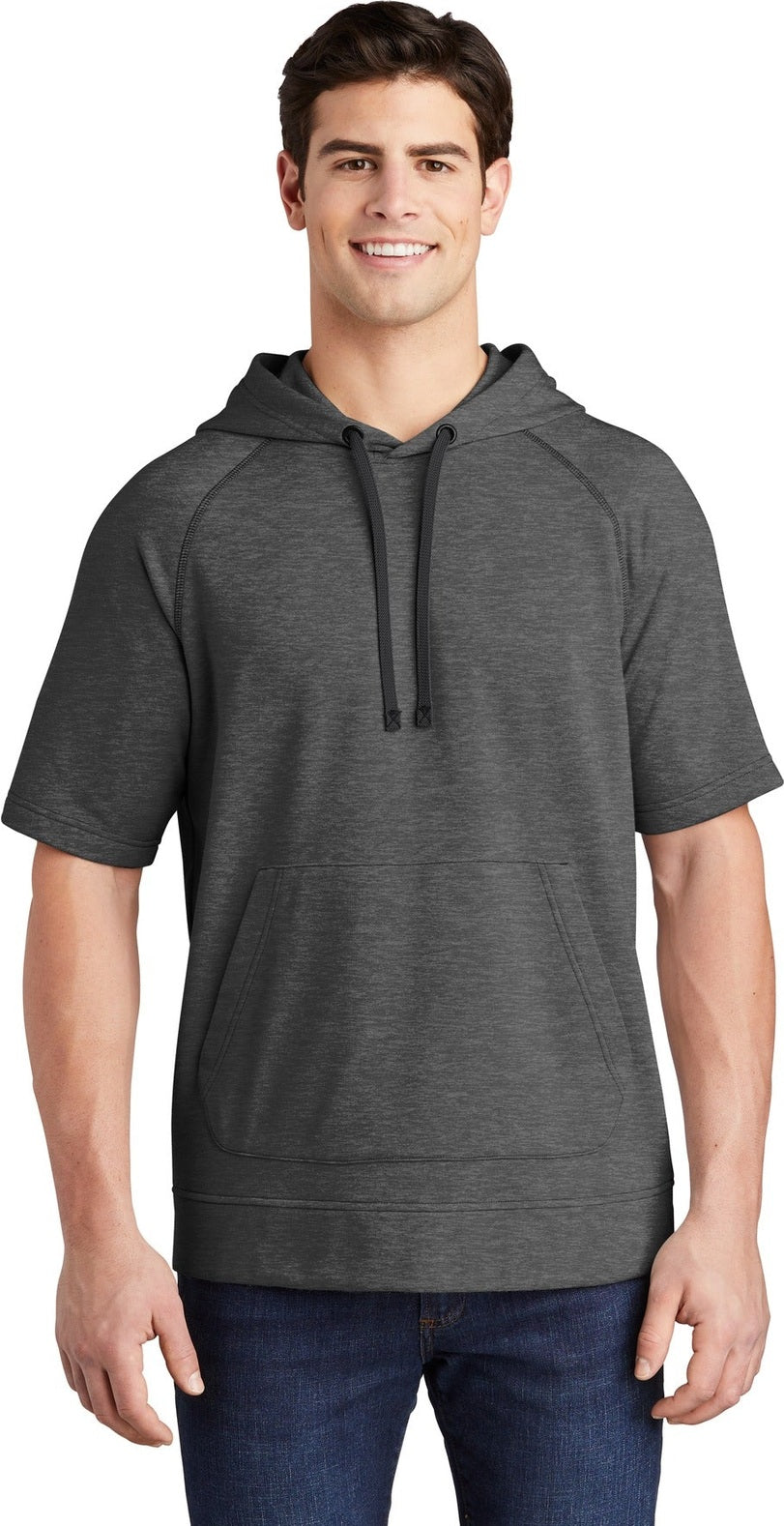 Dark Grey Hthr Sport-Tek PosiCharge Tri-Blend Wicking Fleece Short Sleeve Hooded Pullover ST297
