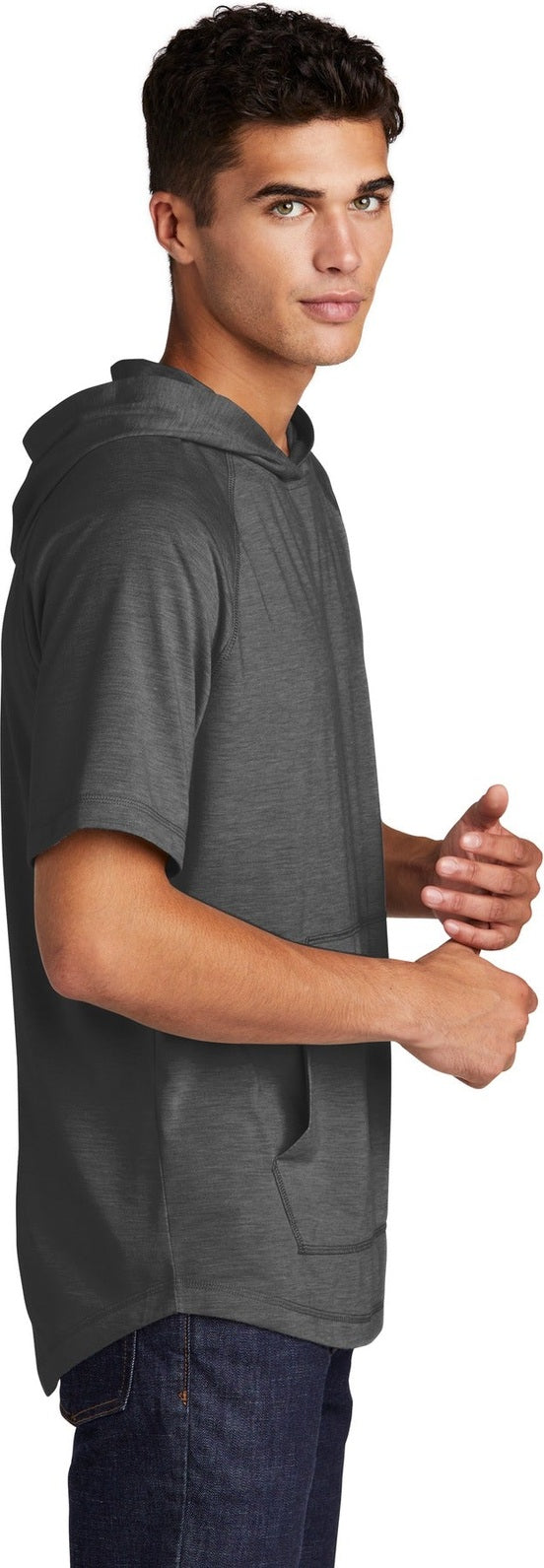 Dark Grey Hthr Sport-Tek PosiCharge Tri-Blend Wicking Short Sleeve Hoodie. ST404
