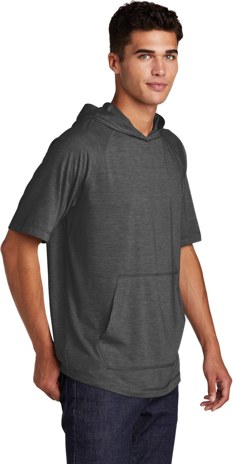 Dark Grey Hthr Sport-Tek PosiCharge Tri-Blend Wicking Short Sleeve Hoodie. ST404