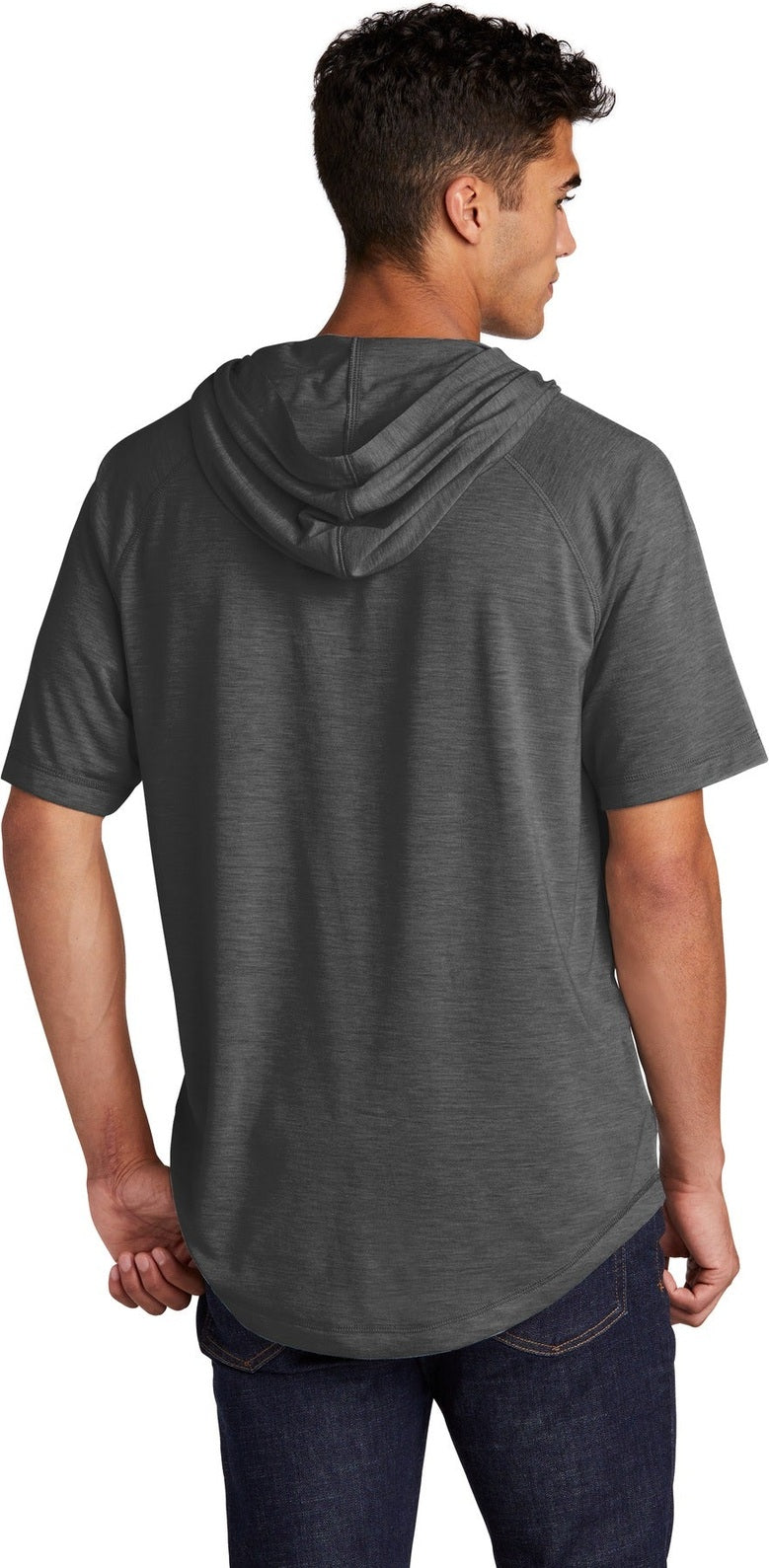 Dark Grey Hthr Sport-Tek PosiCharge Tri-Blend Wicking Short Sleeve Hoodie. ST404