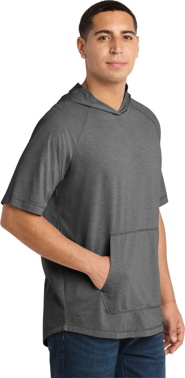 Dark Grey Hthr Sport-Tek PosiCharge Tri-Blend Wicking Short Sleeve Hoodie. ST404