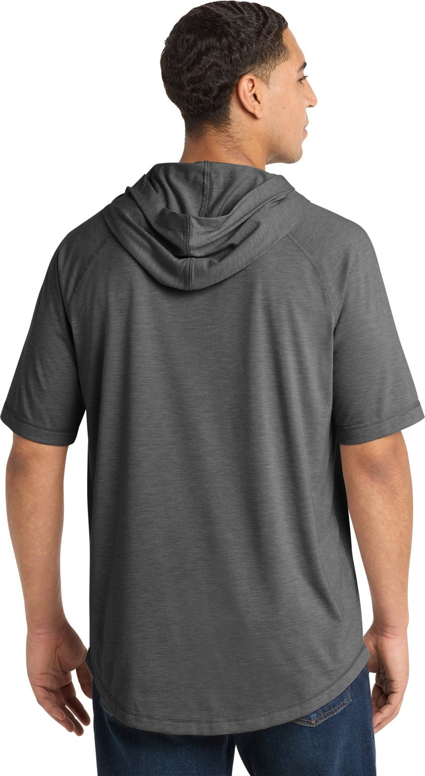 Dark Grey Hthr Sport-Tek PosiCharge Tri-Blend Wicking Short Sleeve Hoodie. ST404