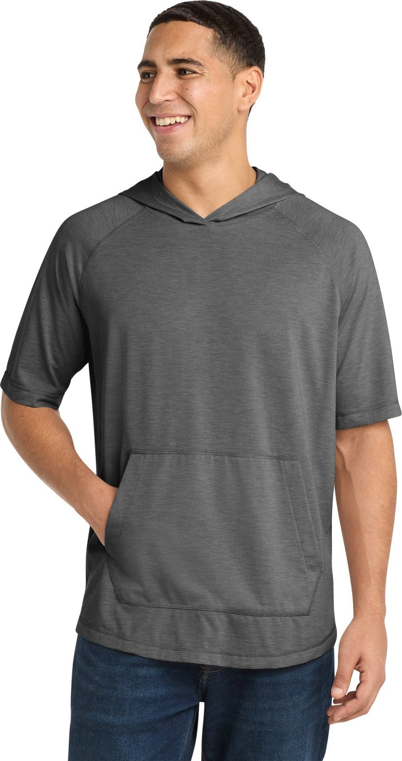 Dark Grey Hthr Sport-Tek PosiCharge Tri-Blend Wicking Short Sleeve Hoodie. ST404