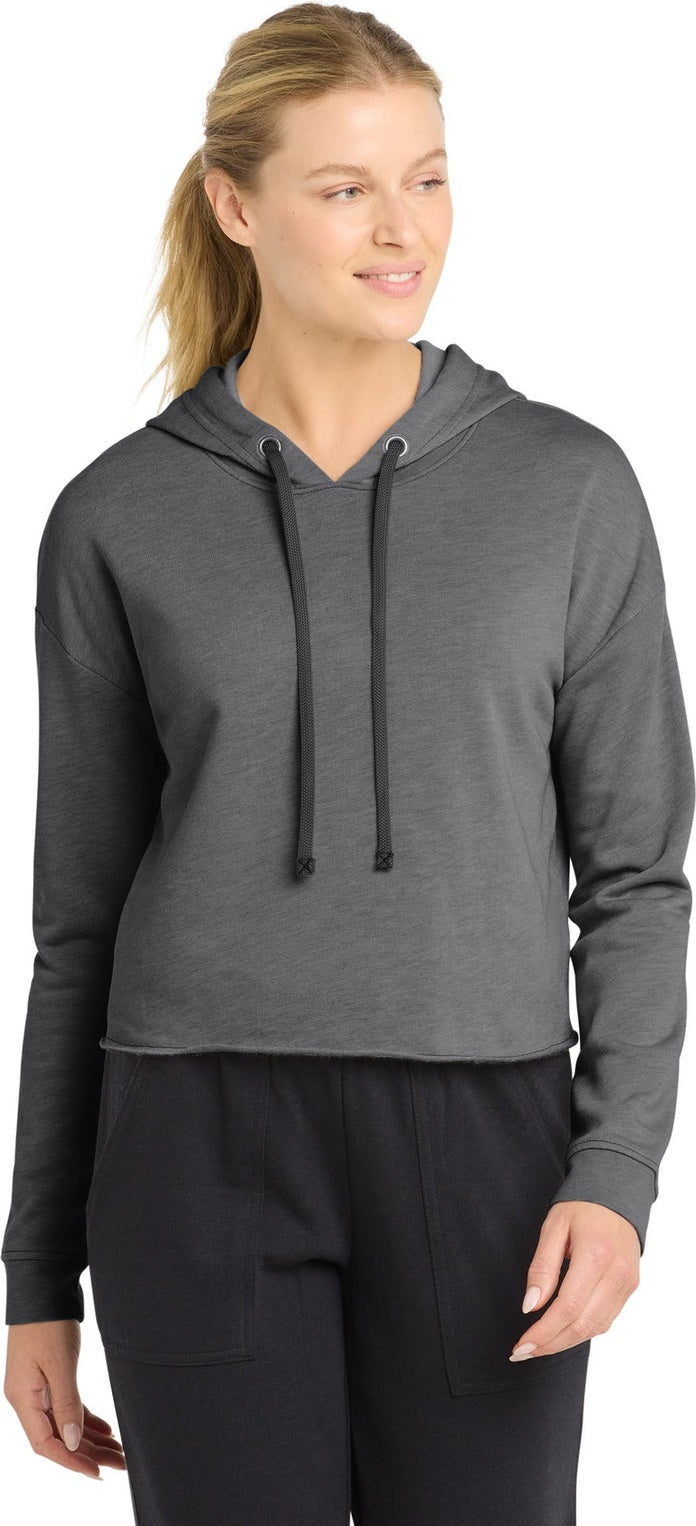 Dark Grey Hthr Sport-Tek Women's PosiCharge Tri-Blend Wicking Fleece Crop Hooded Pullover LST298