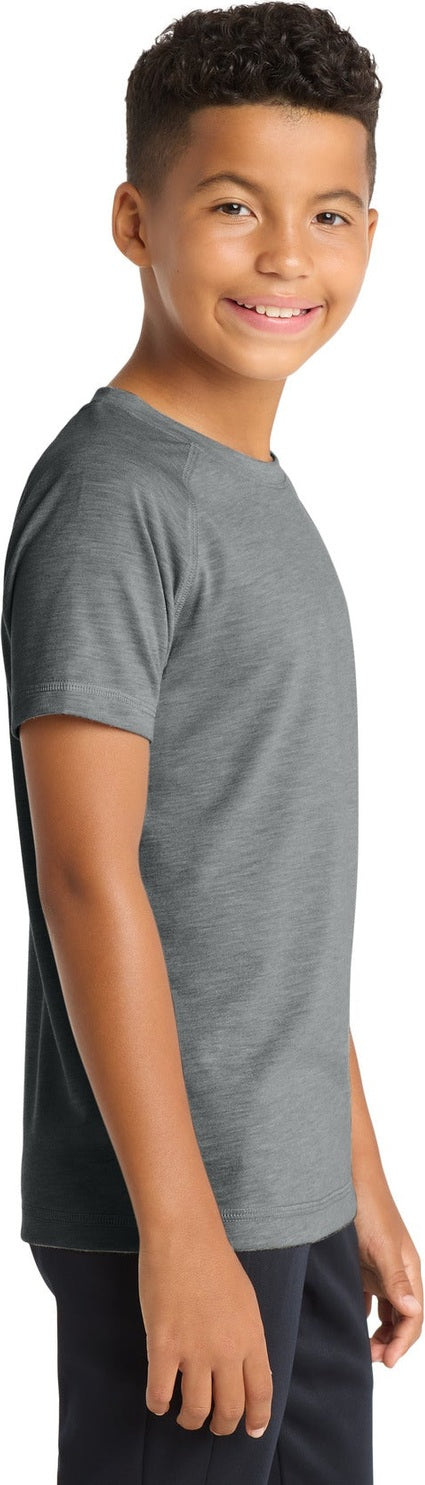 Dark Grey Hthr Sport-Tek Youth PosiCharge Tri-Blend Wicking Raglan Tee. YST400