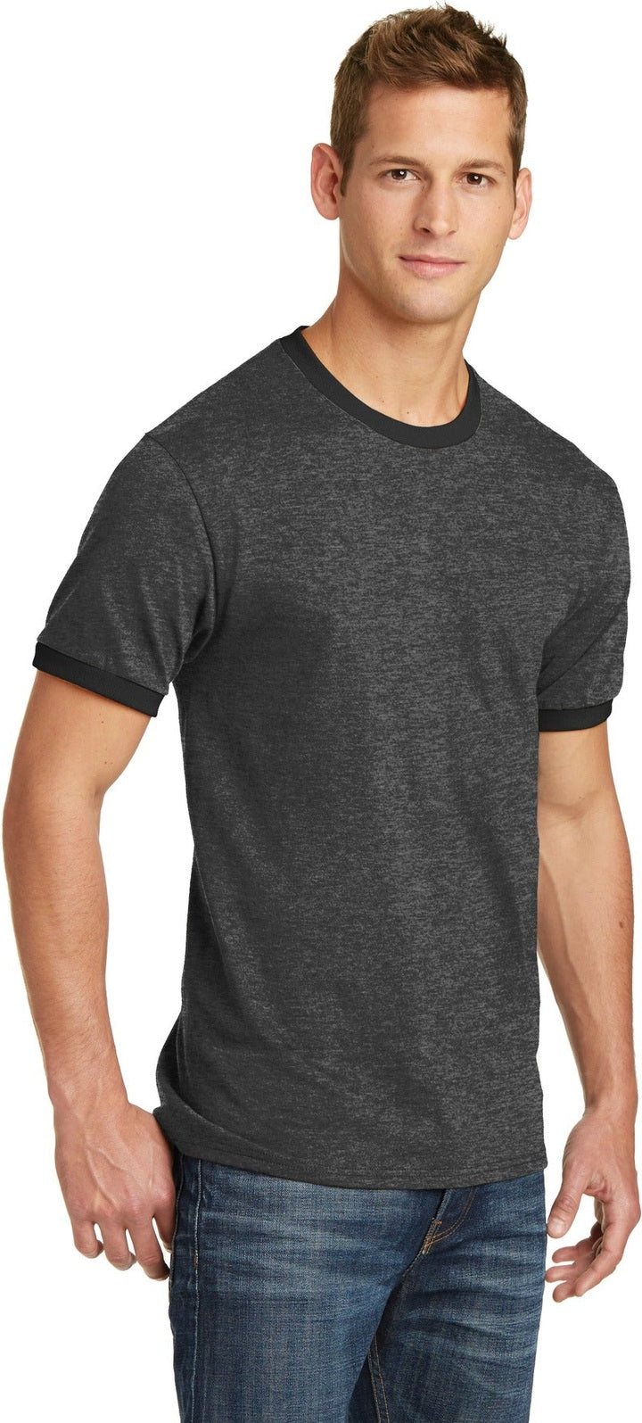 Dark H Gy/J Bk Port & Co Core Cotton Ringer Tee. PC54R
