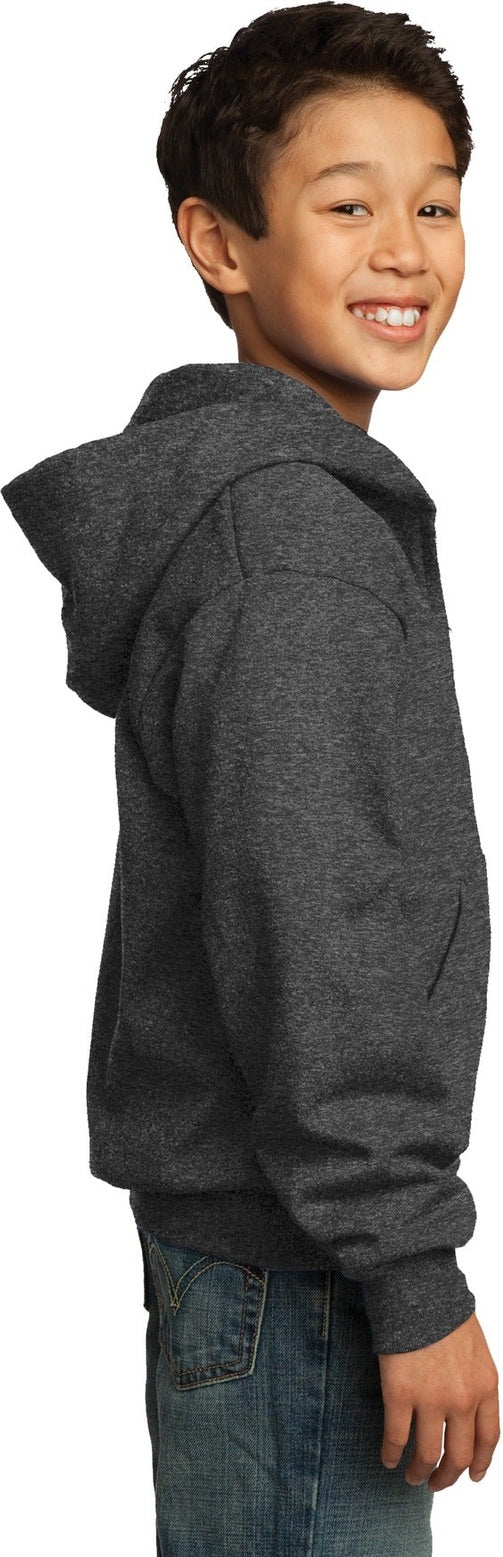 Dark Hthr Grey Port & Co Youth Core Fleece Full-Zip Hooded Sweatshirt. PC90YZH