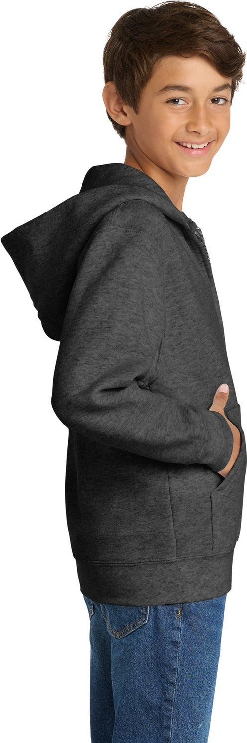 Dark Hthr Grey Port & Co Youth Core Fleece Full-Zip Hooded Sweatshirt. PC90YZH