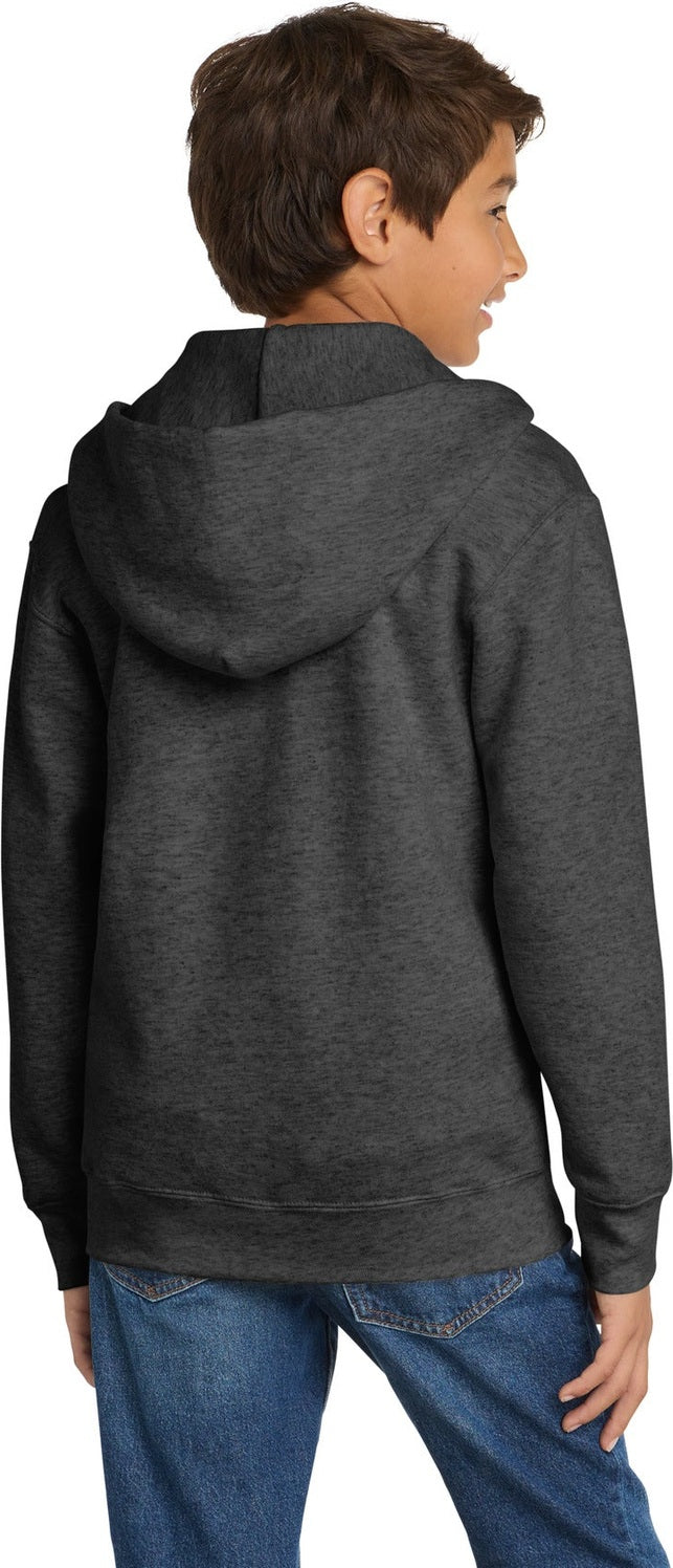 Dark Hthr Grey Port & Co Youth Core Fleece Full-Zip Hooded Sweatshirt. PC90YZH