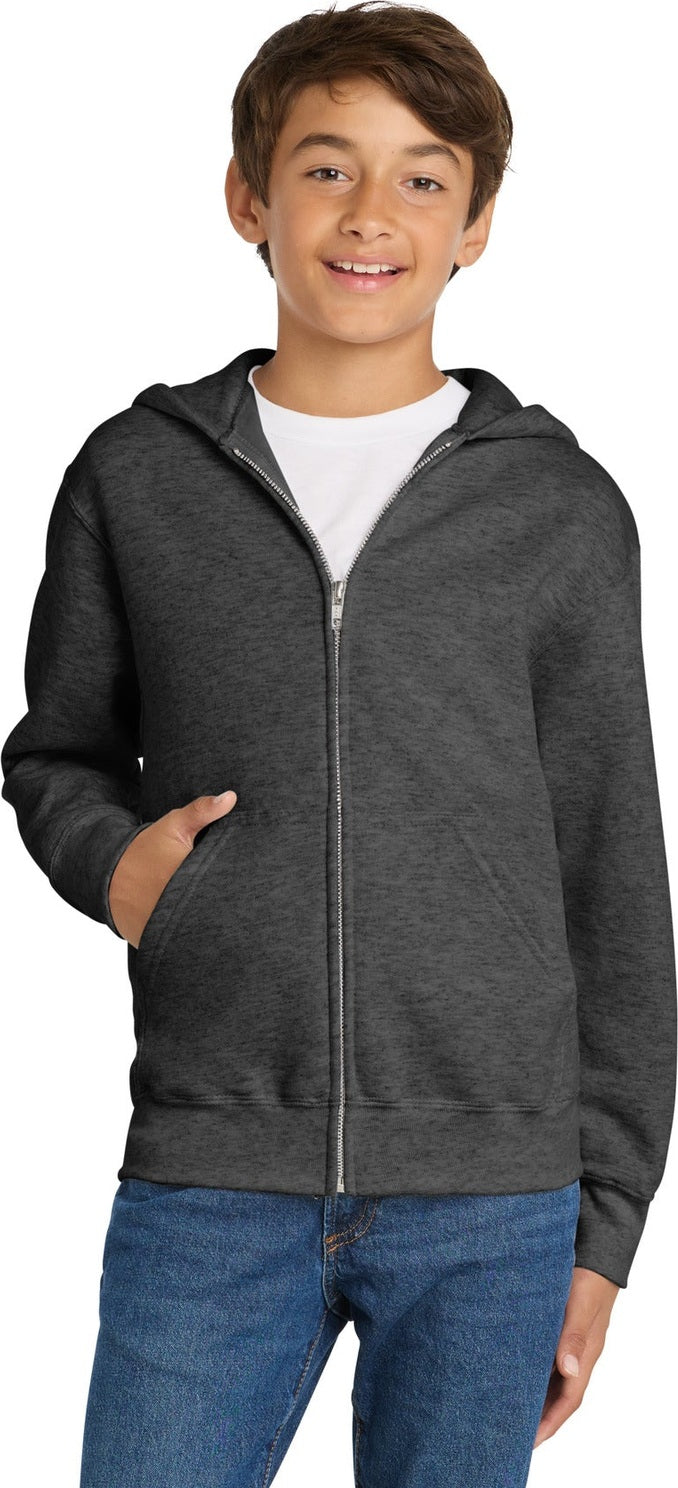 Dark Hthr Grey Port & Co Youth Core Fleece Full-Zip Hooded Sweatshirt. PC90YZH