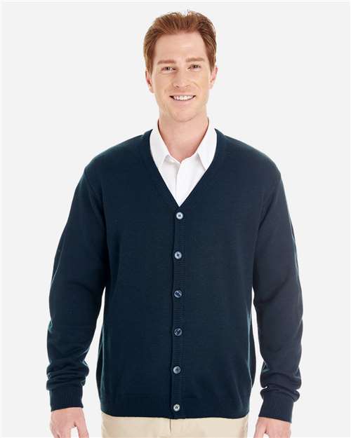 Front View of Dark Navy Men's Pilbloc™ V-Neck Button Cardigan Sweater - M425