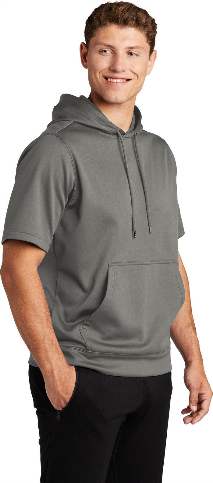 Dark Smoke Gry Sport-Tek Sport-Wick Fleece Short Sleeve Hooded Pullover. ST251